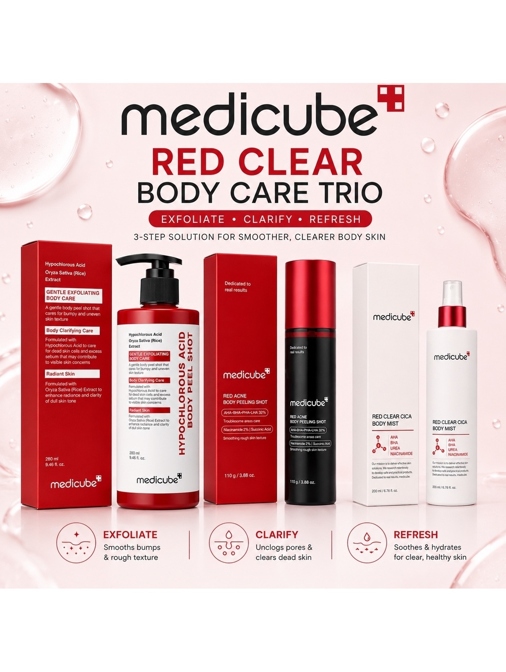 Medicube Red Body Care Trio Set | Exfoliating, Smoothing, Calming, Clearing •